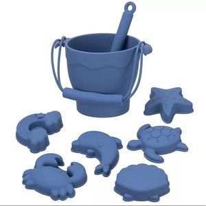 Silicone Sand Beach Toys Blue Color Play Set Bucket Shovel 6 Molds Mesh Bag NEW